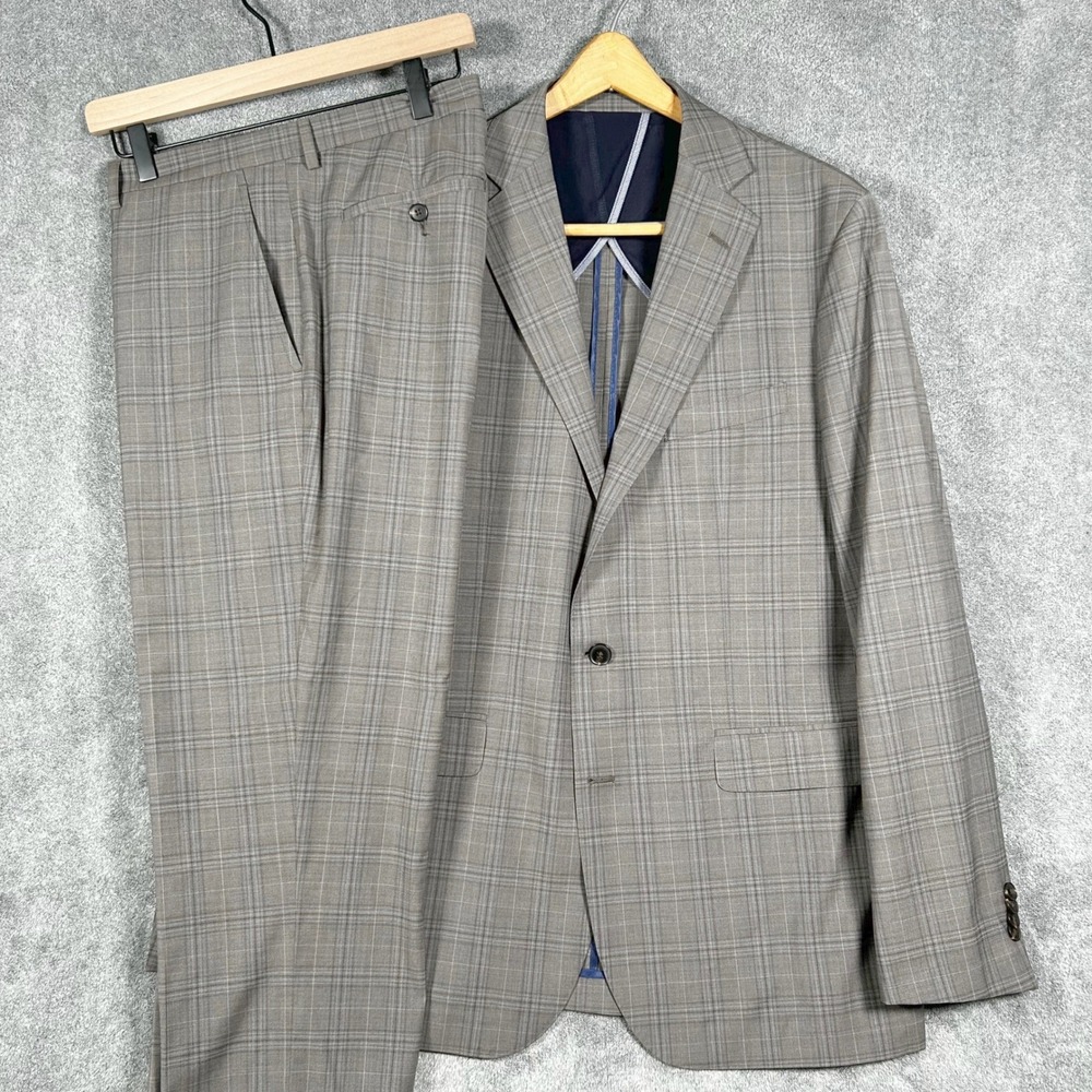 Cole Haan Suit 2 Pc Grand.OS Grey Blue Window Pain Plaid Wool Mens 42L 38x30